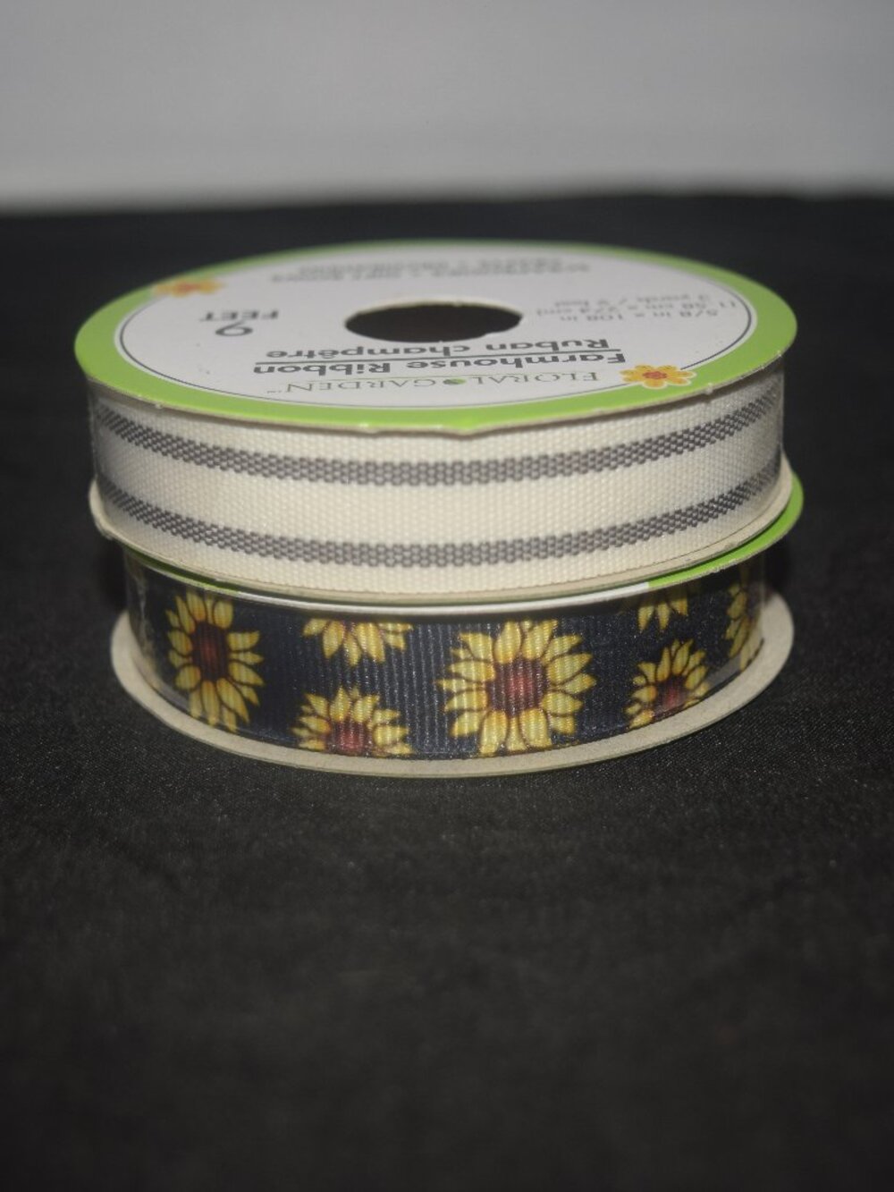 2-Spool Floral Garden Farmhouse Ribbon - Ticking Stripe & Sunflowers